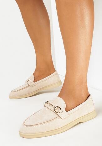 Beżowe Mokasyny z Metalową Ozdobą i Wkładką ze Skóry Naturalnej Vettese