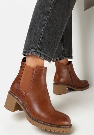 Brązowe Botki na Słupku z Elastyczną Wstawką Elikro