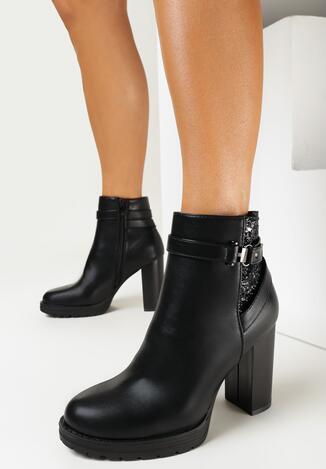 Czarne Botki na Słupku z Brokatową Wstawką Lovasii