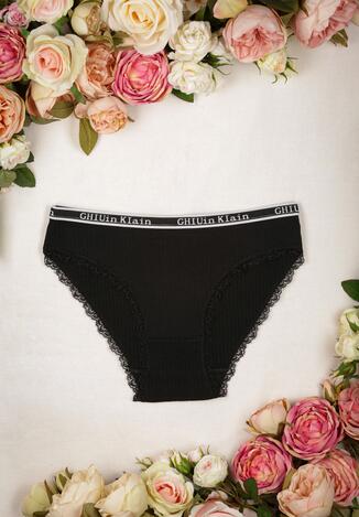 Czarne Majtki Figi z Elastycznej Bawełny z Koronką Evenul