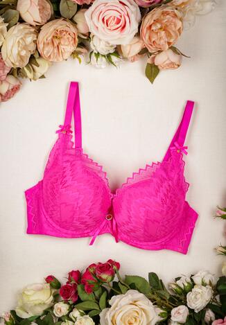 Fuksjowy Biustonosz Push-Up z Koronką i Kokardkami oraz Ozdobami ze Stali Teofilo