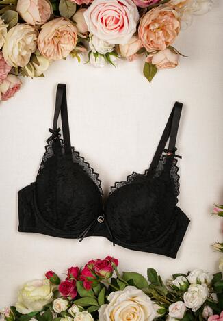 Czarny Biustonosz Push-Up z Koronką i Kokardkami oraz Ozdobami ze Stali Teofilo