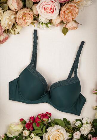 Ciemnozielony Biustonosz Full Cup z Kokardką i Koronką Gennaro