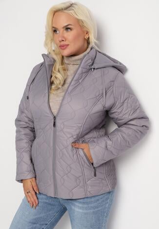 Szara Modnie Pikowana Kurtka z Kapturem i Kieszeniami Simo