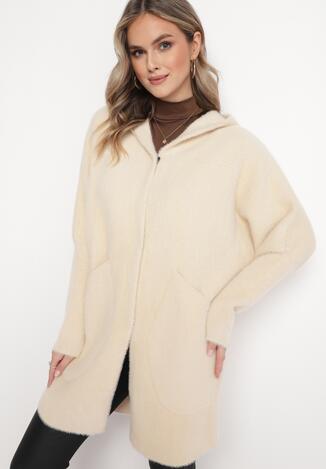 Beżowy Kardigan na Napy z Kapturem Viole
