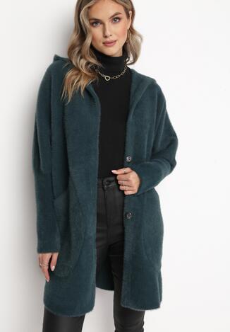 Ciemnozielony Kardigan na Napy z Kapturem Viole