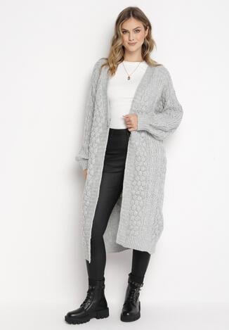 Szary Kardigan Niezapinany w Ozdobny Splot Chaerie