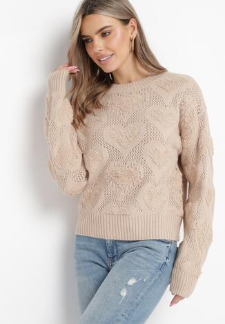 Beżowy Sweter w Serca o Klasycznym Fasonie ze Ściągaczami Biriet