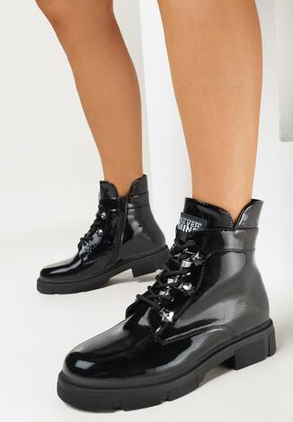Czarne Sznurowane Botki na Płaskiej Podeszwie Ozdobione Cyrkonami Werive