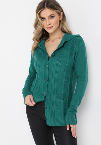 Ciemnozielony Kardigan na Guziki z Ozdobnym Splotem Pirova