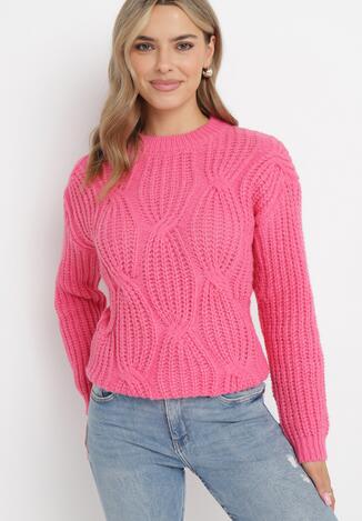 Różowy Klasyczny Sweter z Oryginalnym Splotem i Okrągłym Dekoltem Feraliko