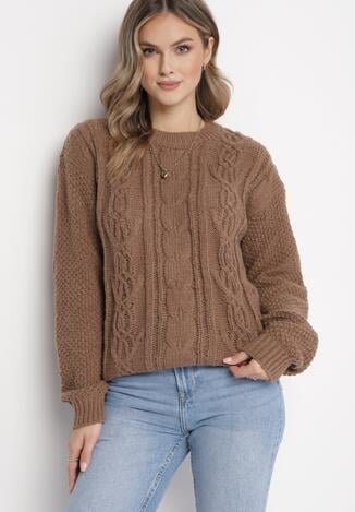 Brązowy Sweter o Swobodnym Fasonie ze Ściągaczami Alucja