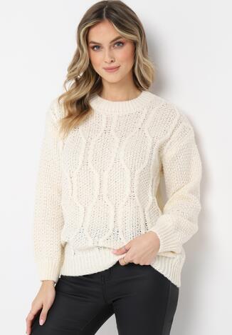 Biały Elastyczny Sweter z Ozdobnym Splotem Lefira