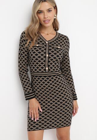 Ciemnobeżowa Sweterkowa Sukienka Mini z Ozdobnymi Guzikami i Wzorem Cadura