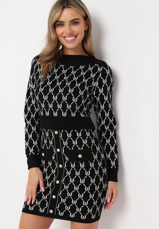 Czarna Sukienka Dopasowana Mini Ozdobiona Guzikami Alwina