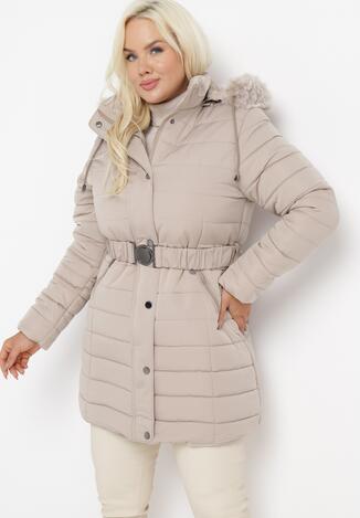 Beżowa Kurtka z Futerkiem przy Kapturze i Paskiem z Metalowym Zapięciem Lias
