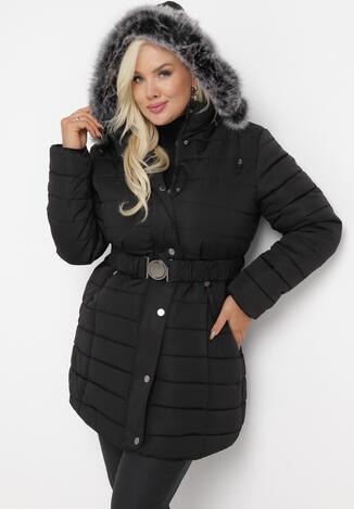 Czarna Kurtka z Futerkiem przy Kapturze i Paskiem z Metalowym Zapięciem Lias