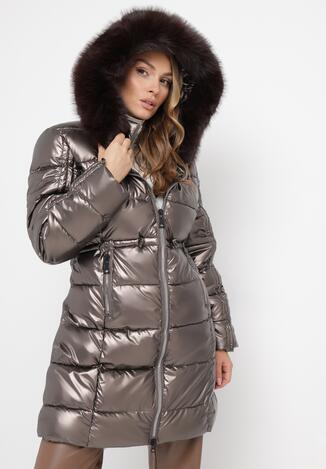 Ciemnoszara Kurtka Pikowana z Futrzanym Kapturem Ficy