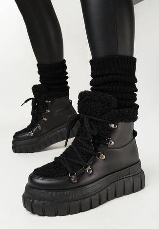 Czarne Traperki na Platformie z Futerkiem Cadiu