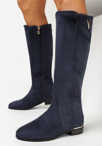 Granatowe Kozaki na Płaskiej Podeszwie z Metalicznymi Wstawkami Lanhea