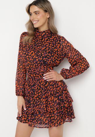 Pomarańczowa Rozkloszowana Sukienka Mini w Modny Print Ozdobiona Brokatem Ifigentta