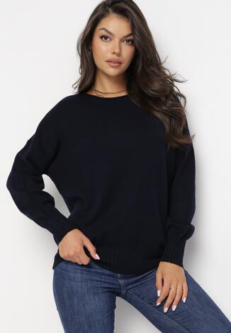 Granatowy Sweter z Prążkowanymi Ściągaczami Torre