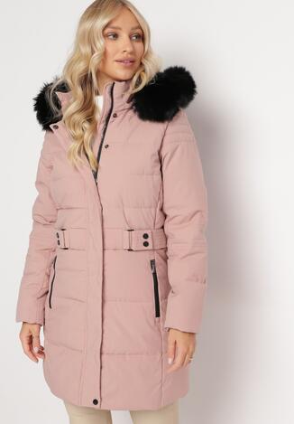 Różowa Kurtka Pikowana z Paskiem i Futrem przy Kapturze Agada