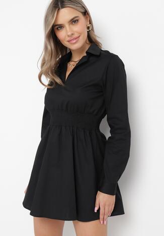 Czarna Bawełniana Mini Sukienka z Gumką w Talii o Rozkloszowanym Fasonie z Kołnierzykiem Nevisse