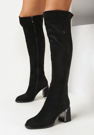 Czarne Kozaki na Metalicznym Obcasie z Cholewką za Kolano Erenem