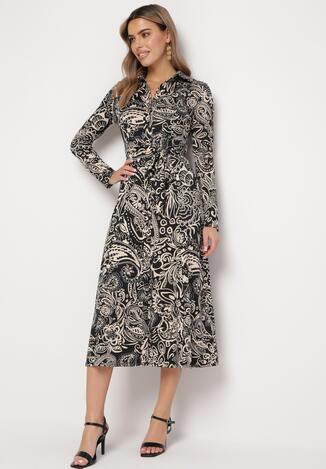 Czarna Rozkloszowana Midi Sukienka z Materiałowym Paskiem w Modny Print Zamipa