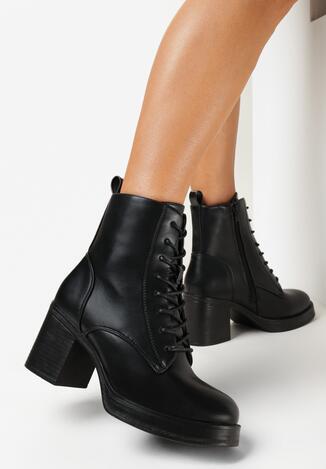 Czarne Botki na Słupku ze Sznurowaniem Irame