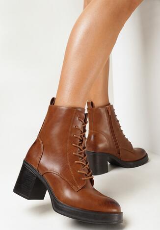 Brązowe Botki na Słupku ze Sznurowaniem Irame