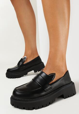 Czarne Mokasyny z Ozdobnymi Uszkami z Metaliczną Krawędzią Farria