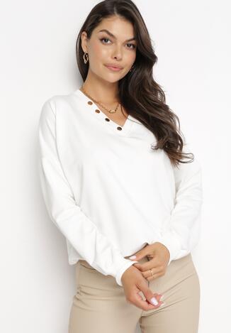 Biała Bluza Bawełniana Ozdobiona Napami przy Dekolcie Seannette
