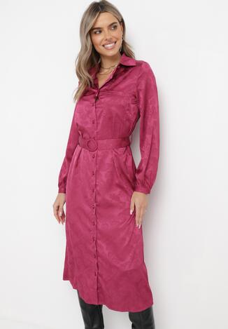 Fioletowa Koszulowa Sukienka Midi z Materiałowym Paskiem Gloriese