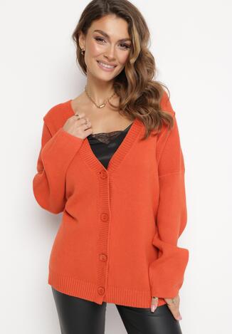 Pomarańczowy Luźny Kardigan Zapinany na Guziki z Dekoltem V Adamilla