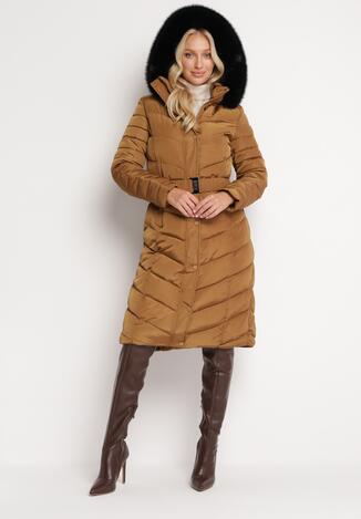 Brązowa Długa Kurtka za Kolano z Paskiem i Futerkiem Wokół Kaptura Tava