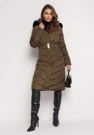 Ciemnozielona Długa Kurtka za Kolano z Paskiem i Futerkiem Wokół Kaptura Tava