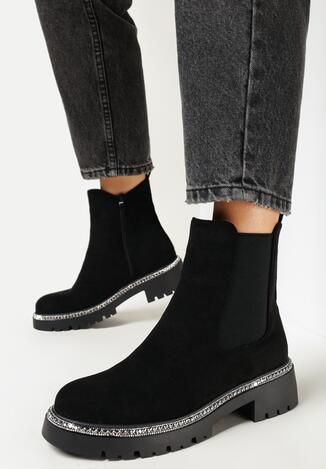 Czarne Botki w Stylu Sztybletów z Cyrkoniami Wokół Podeszwy Exosia