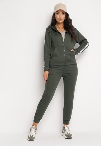 Zielony 2-częściowy Komplet Dresowy Ocieplony Polarem Ozdobiony Lampasami Fonna