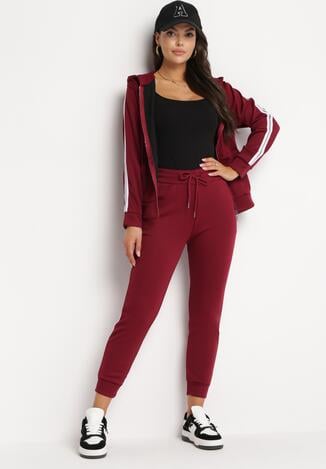 Bordowy 2-częściowy Komplet Dresowy Ocieplony Polarem Ozdobiony Lampasami Fonna