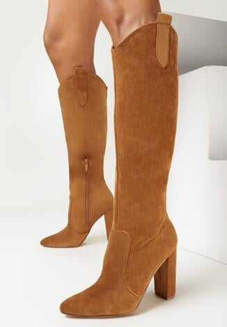 Brązowe Kozaki na Słupku ze Szpiczastym Noskiem Lizames