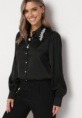 Czarna Koszula Vintage z Biżuteryjnymi Guzikami i Kryształkami Przy Kołnierzu Suttave