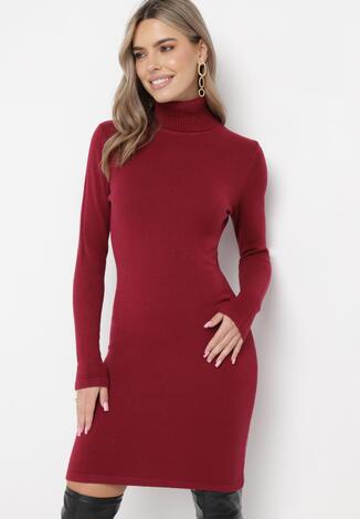 Bordowa Sukienka Midi z Golfem o Sweterkowym Fasonie Abdone