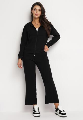 Czarny Komplet Dresowy z Zasuwaną Bluzą i Szerokimi Spodniami Noncja