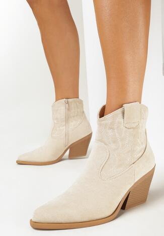 Beżowe Botki Kowbojki na Stożku z Imitacji Zamszu Emidio