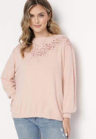 Różowy Sweter z Kaszmirem i Koronkową Wstawką Polidura