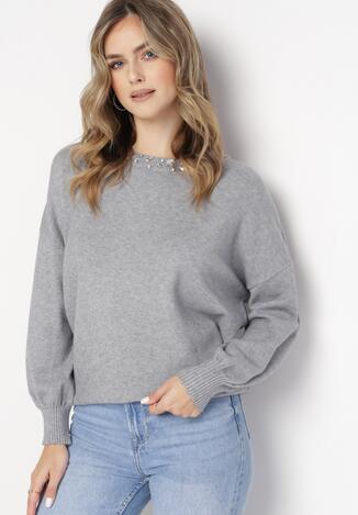 Szary Kaszmirowy Sweter w Cyrkonie Varelia