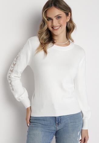Biały Sweter z Kaszmirem i Koronkowymi Wstawkami na Rękawach Remedio