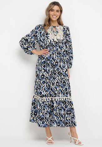 Granatowo-Niebieska Rozkloszowana Sukienka Maxi z Falbanką Tinamessa